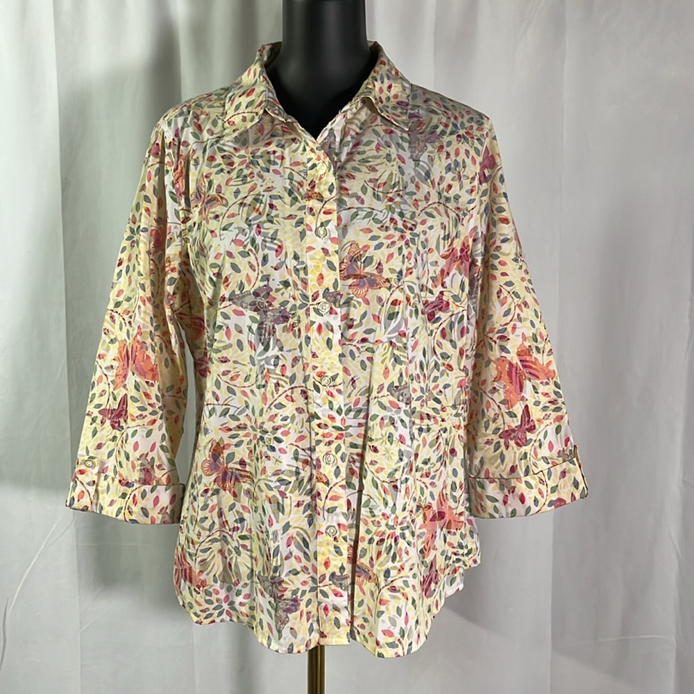 Breckenridge Multicolor Butterly Floral Print 3/4 Sleeve Button Down Shirt